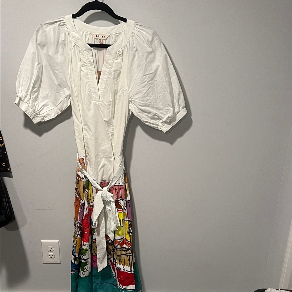 Boden White and Multicolor Midi Dress with Puff Sleeves